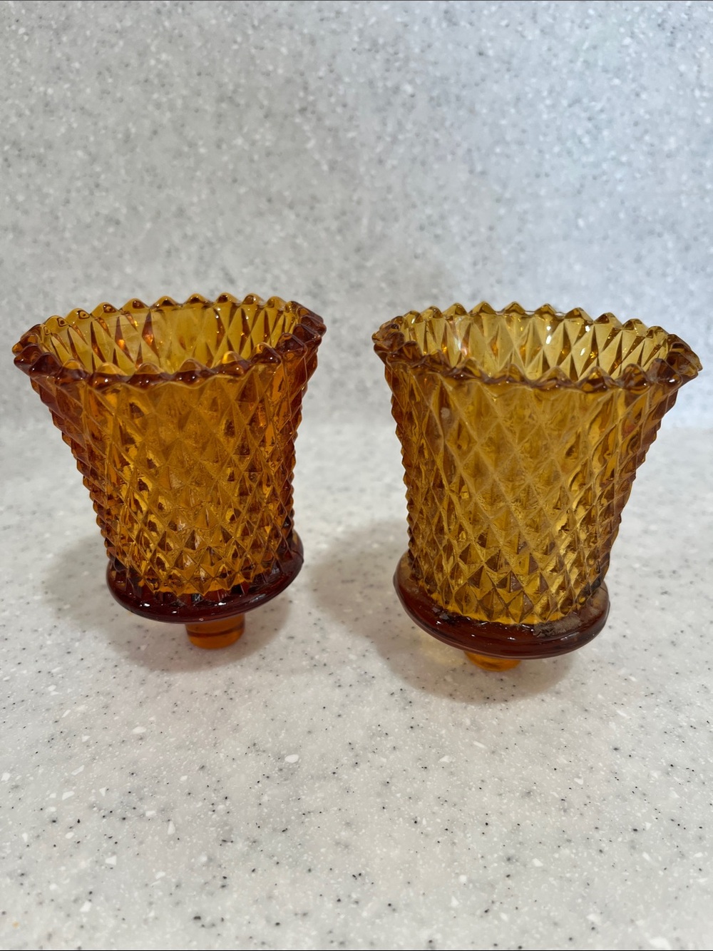 2 Vtg Amber Glass Diamond Point Candle Holders Peg Votive Cup Sconce HOMCO MCM